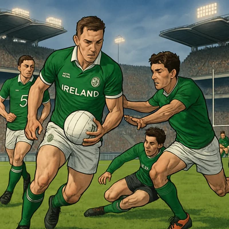 A vibrant scene of a rugby match at Croke Park, showcasing players in green jerseys, with a cheering crowd in the background, and a lush green pitch.