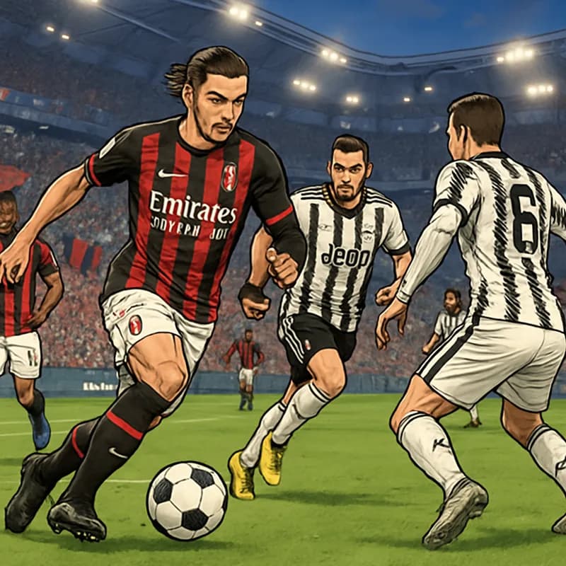A vibrant scene at a packed Allianz Stadium with AC Milan's red and black jerseys contrasting against Juventus' black and white kits. Fans are cheering, waving flags, and the atmosphere is electric as