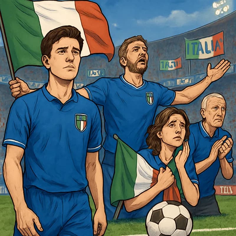 A poignant scene at a football stadium with Italian fans waving flags and wearing blue jerseys, showing emotions of hope and nostalgia. The atmosphere is electric, filled with banners celebrating Ital