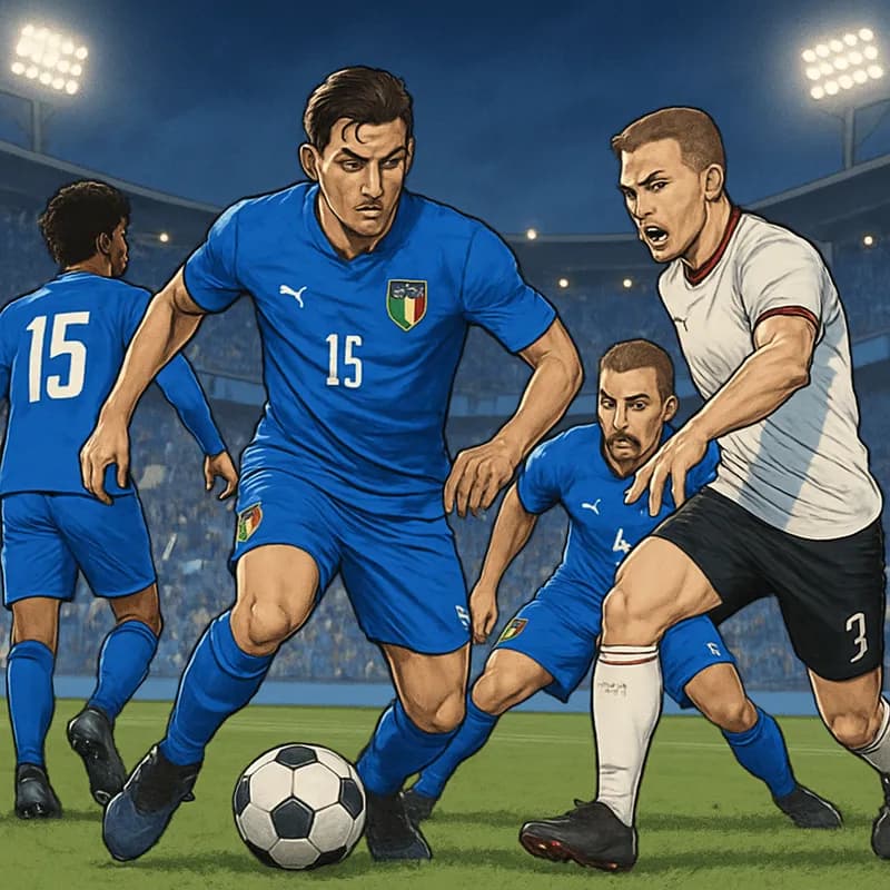 A vibrant scene in a packed stadium during an Italy match, with fans waving the blue and white colors of the national team. Players are in their blue jerseys, showcasing intense focus on the pitch ami
