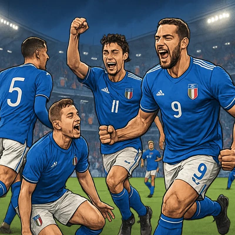 A vibrant scene from a packed stadium during an Italy national team match, with fans waving the blue and white colors of the Azzurri. Players in blue jerseys with the Italian crest are seen celebratin