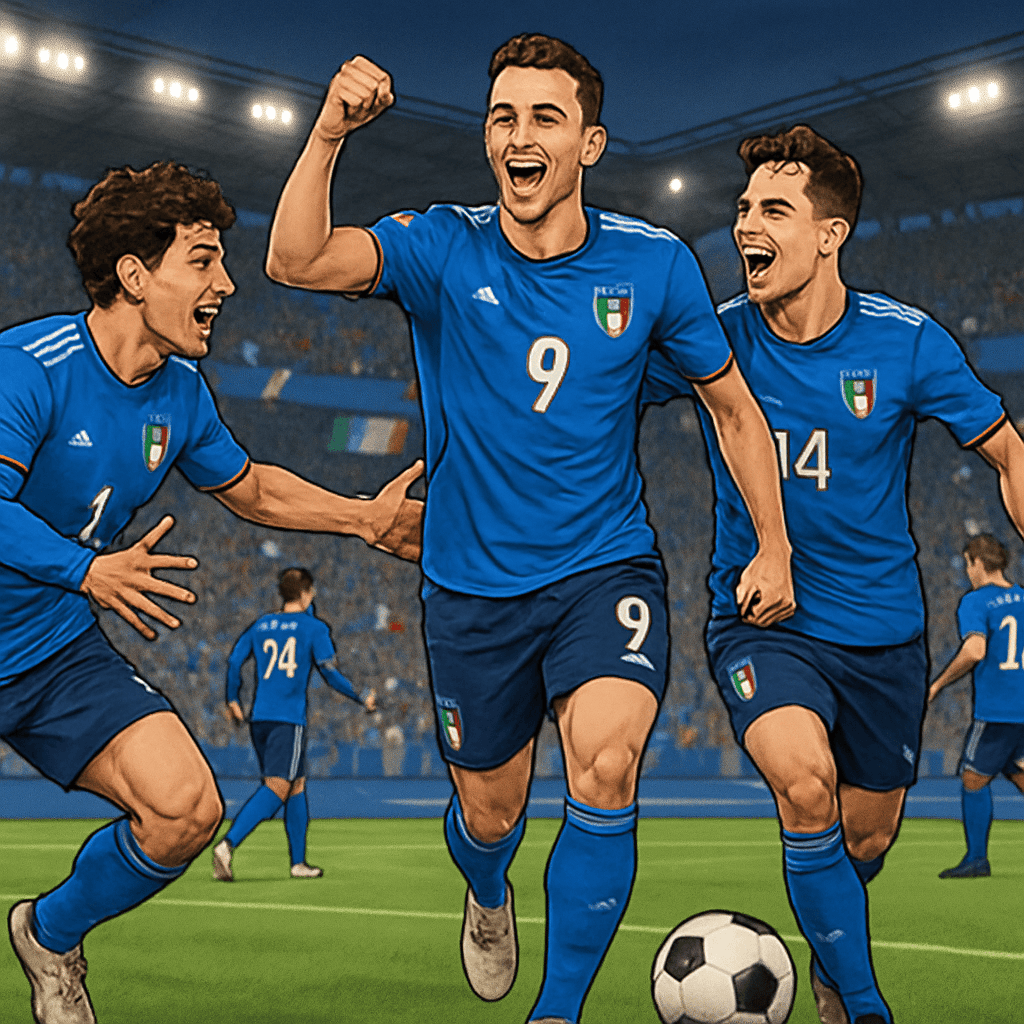 A vibrant scene at a packed stadium during an Italy national team match. Young players in the blue Italy kit celebrate a goal, with fans waving flags and cheering. The atmosphere is electric, showcasi