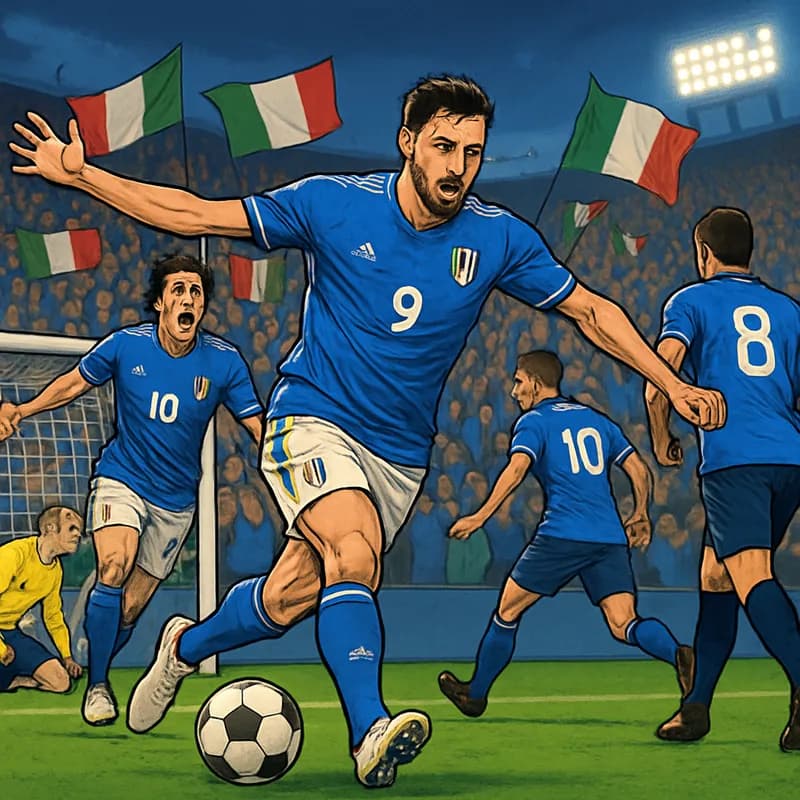 A vibrant scene at a packed stadium during an Italy match, featuring fans in blue Azzurri jerseys, waving flags, and celebrating a goal. The atmosphere is electric, with a green pitch and a round ball