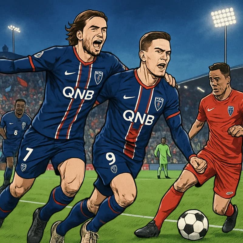 A lively scene at a Paris FC match, showcasing players in red and blue jerseys celebrating on the pitch. The stadium is packed, with fans waving flags and a vibrant atmosphere under the floodlights.