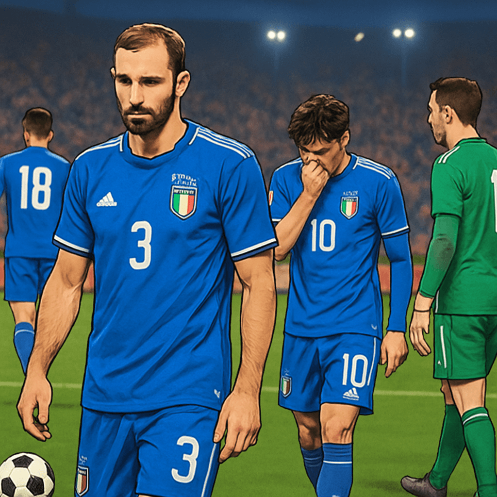 A dejected Italian national team in blue jerseys, standing on the pitch of Stadion Bilino Polje in Zenica, Bosnia, after their penalty shootout loss. The stadium atmosphere is tense, with fans in the 