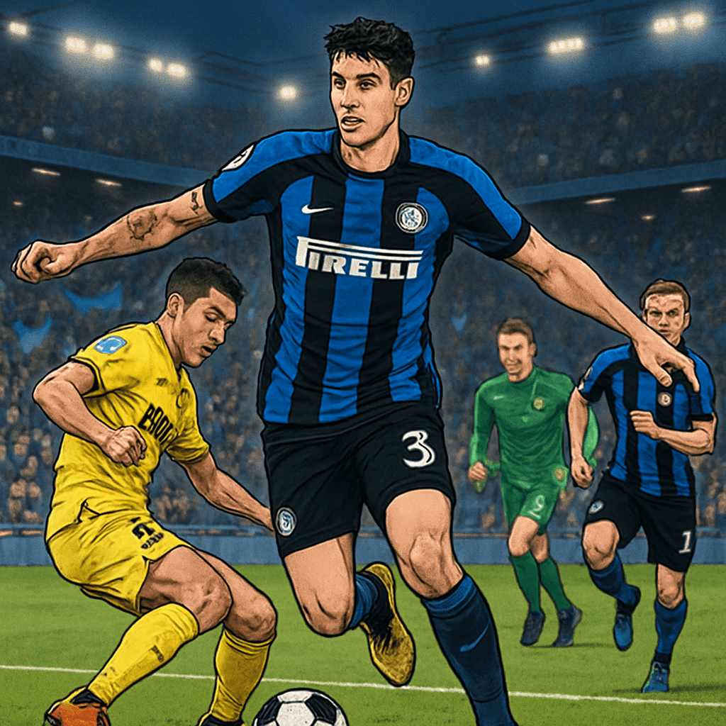 A vibrant scene at the San Siro stadium during an Inter Milan match, featuring Alessandro Bastoni in a blue and black striped jersey. The atmosphere is electric, with fans waving flags and celebrating