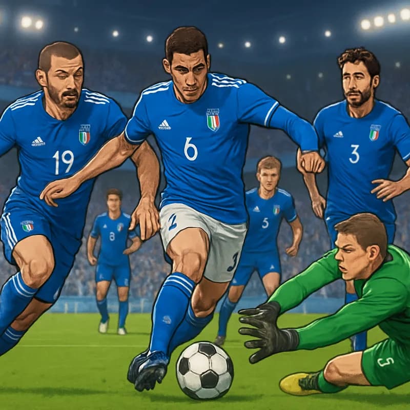 A tense moment in a football match at a packed stadium, with fans in blue and white Italy jerseys cheering passionately, as players in the iconic Azzurri kit battle for the ball on a vibrant green pit