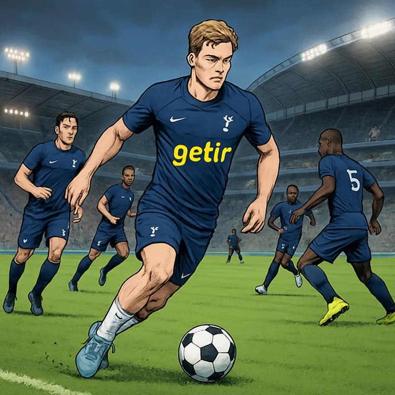 A vibrant scene at Tottenham Hotspur's training ground, showcasing James Wilson in a Spurs training kit, practicing with teammates. The green pitch is alive with energy, and the iconic Spurs stadium l