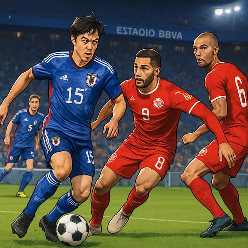 A vibrant scene from the Estadio BBVA during Japan's match against Tunisia, featuring players in Japan's blue kits and Tunisia's red kits, with a lively crowd in the background and a green pitch illum