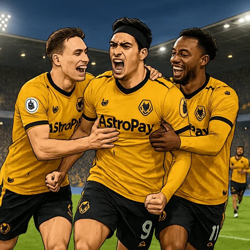 A football stadium at night, Wolves players in old gold and black jerseys celebrating a goal. Raúl Jiménez, wearing number 9, is surrounded by teammates. The crowd is cheering, and the pitch is green 