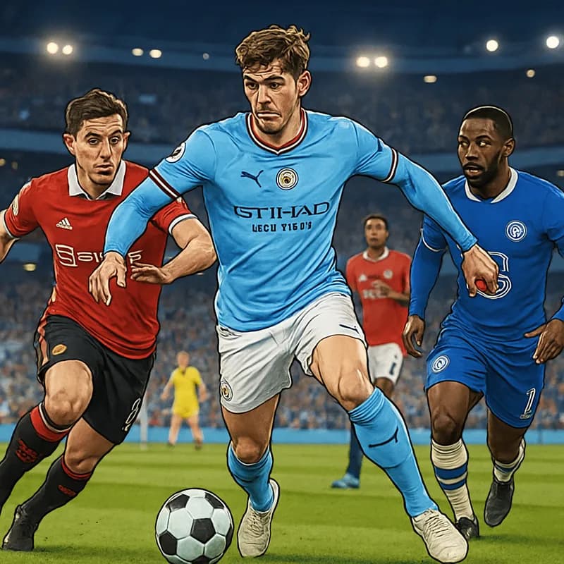 A vibrant scene at a packed stadium featuring John Stones in Manchester City colors, showcasing him in action during a match. The crowd is electric, waving flags, and the green pitch is perfectly mani