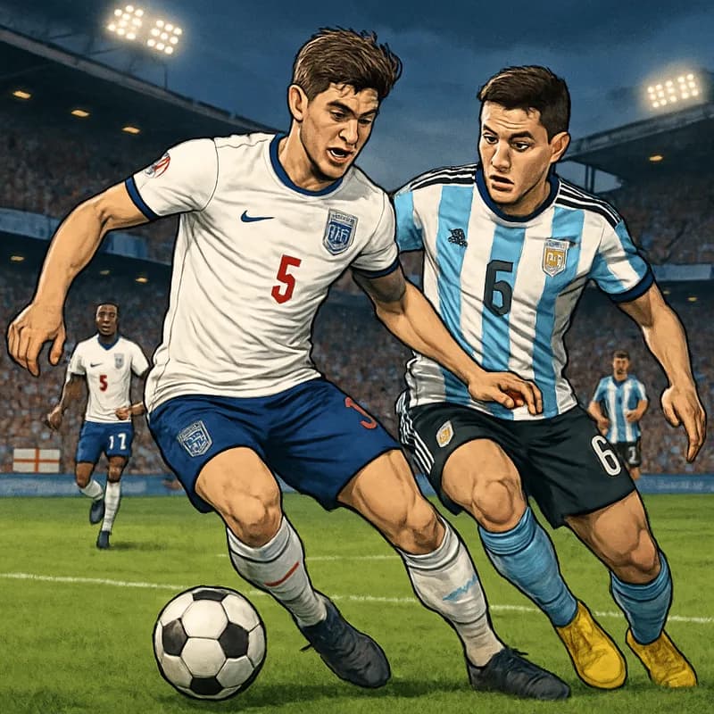 A vibrant scene depicting John Stones in an England jersey, battling for the ball against an Argentine player in a packed stadium. The crowd is lively, showcasing a mix of flags and banners in support
