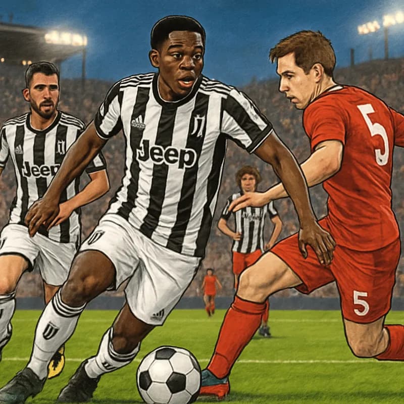 A vibrant scene at Juventus' training ground with Jonathan David in the club's black and white striped jersey, surrounded by teammates on a lush green pitch. The atmosphere is lively, with coaches obs