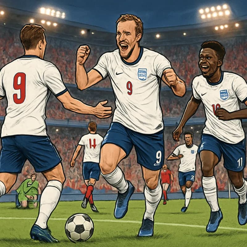A vibrant scene at a packed stadium with England fans in red and white jerseys celebrating a goal. Players in England kits are seen joyfully celebrating with a green pitch and a soccer ball in the for