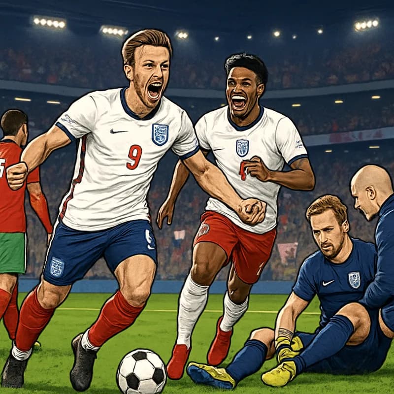 A tense moment in the Azteca Stadium, with England's players in their iconic white and red kits celebrating a goal. The atmosphere is electric, with fans cheering and waving flags, while Jordan Hender