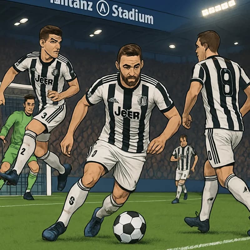 A vibrant scene at the Allianz Stadium during a match, showcasing Juventus players in their iconic black and white striped kits, with fans cheering in the stands. The green pitch is in perfect conditi