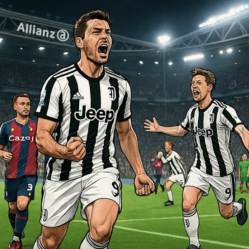 A vibrant scene at the Allianz Stadium, with Juventus players in their iconic black and white striped kits, celebrating a goal against Bologna, who are in their red and blue kit. The atmosphere is ele