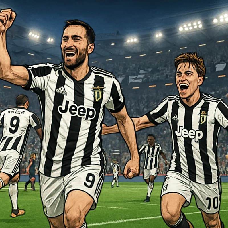 A vibrant scene at a bustling stadium with Juventus players in their iconic black and white striped jerseys celebrating a goal. The crowd is electric, with banners waving and fans wearing team colors.