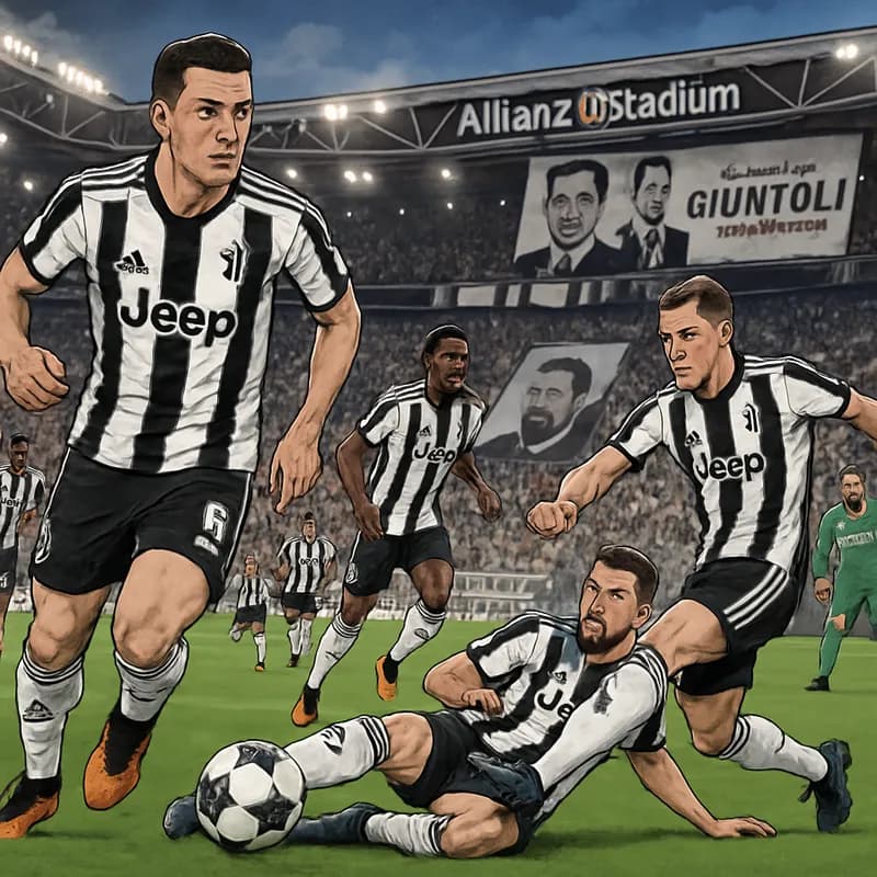 A bustling stadium scene at Juventus' Allianz Stadium, with fans in black and white jerseys cheering excitedly. Players in Juventus kits are warming up on the green pitch, while a large banner celebra