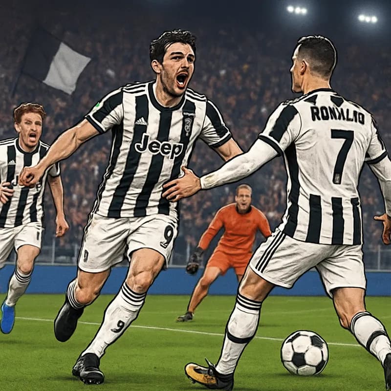 A vibrant scene at a packed stadium with Juventus players in their black and white striped jerseys celebrating a goal. The atmosphere is electric, with fans waving flags and cheering, while a green pi