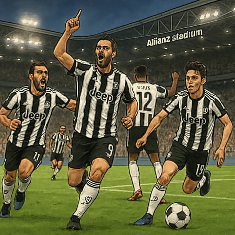 A vibrant scene at the Allianz Stadium, showcasing Juventus players in their black and white striped kits celebrating a goal, with fans cheering in the stands. The pitch is lush green, and the atmosph