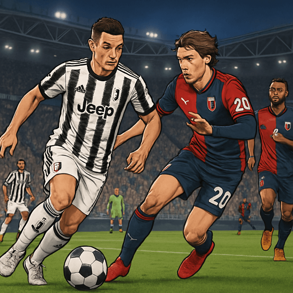 A vibrant scene at Juventus' Allianz Stadium during a match, featuring players in the black and white striped Juventus kit and the red and blue Genoa jersey. The atmosphere is electric, with fans chee