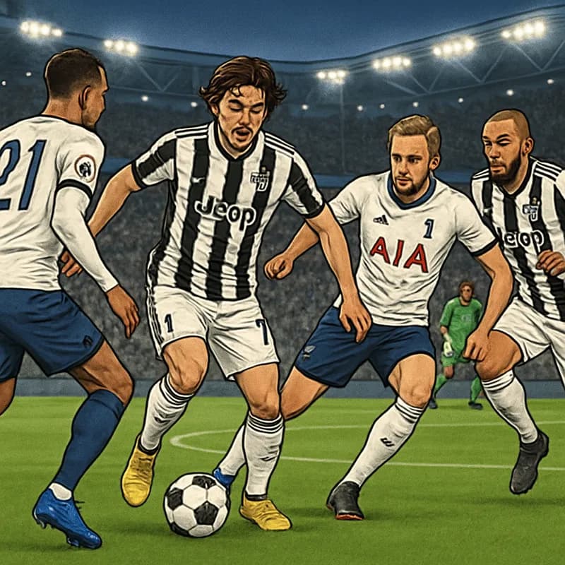 A bustling stadium atmosphere at Allianz Stadium with Juventus fans in black and white jerseys, cheering passionately. The green pitch is ready for action, and a soccer ball is positioned near the cen