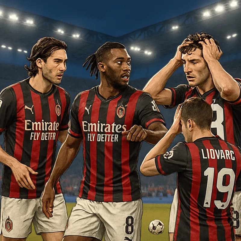 A tense scene at the San Siro stadium with AC Milan players in their red and black striped jerseys, looking worried as they discuss tactics on the pitch. The stadium is filled with fans, creating an e