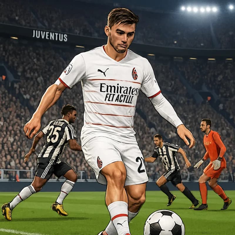 A vibrant scene at Juventus' Allianz Stadium, with fans in black and white jerseys cheering passionately. The pitch is lush green, and the atmosphere is electric as Brahim Diaz is seen warming up, sho