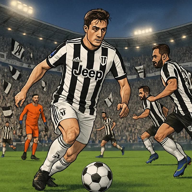 A vibrant stadium scene featuring Juventus in their black and white striped kits, with fans cheering and waving flags. The atmosphere is electric as players warm up on the green pitch, ready for a cru