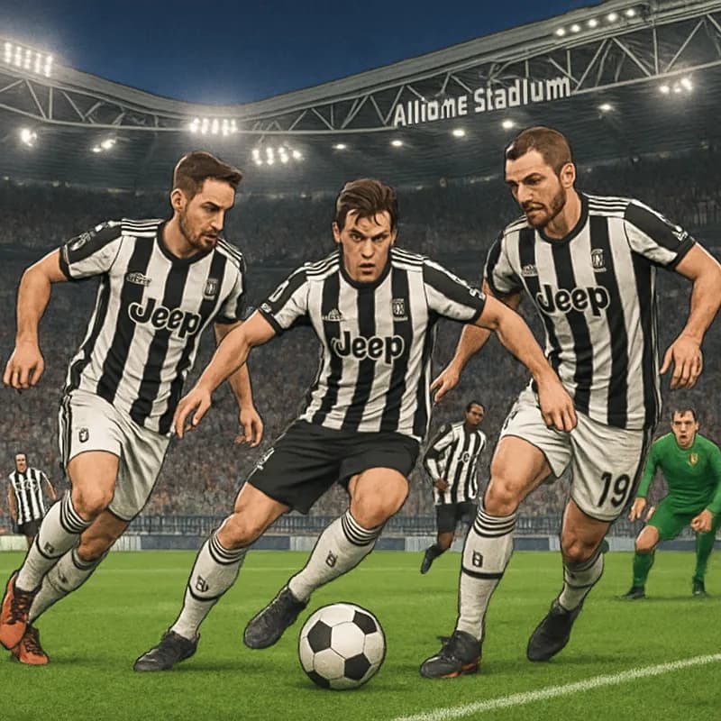 A vibrant scene at Juventus' Allianz Stadium during a match, featuring players in the club's black and white striped kits. Enthusiastic fans fill the stands, creating an electric atmosphere. The pitch