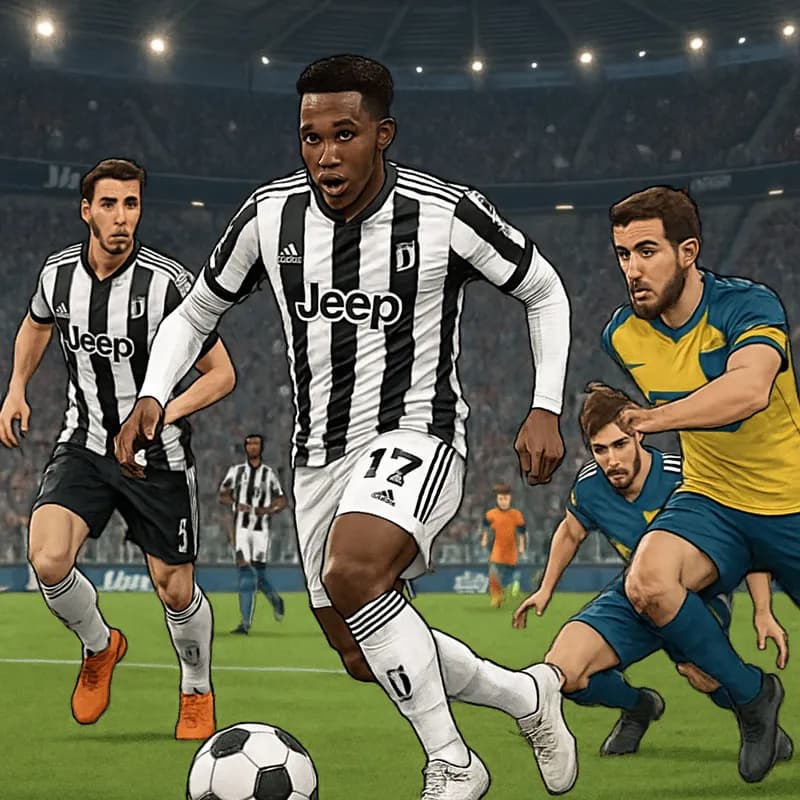 A vibrant stadium scene at Juventus' Allianz Stadium, showcasing Lois Openda in the team's black and white striped jersey, with fans in the stands cheering enthusiastically. The green pitch is marked 