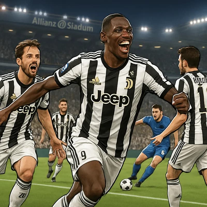 A vibrant scene at Juventus' Allianz Stadium, featuring players in the iconic black and white striped kits, with fans cheering enthusiastically in the stands. The atmosphere is electric as Kolo Muani,