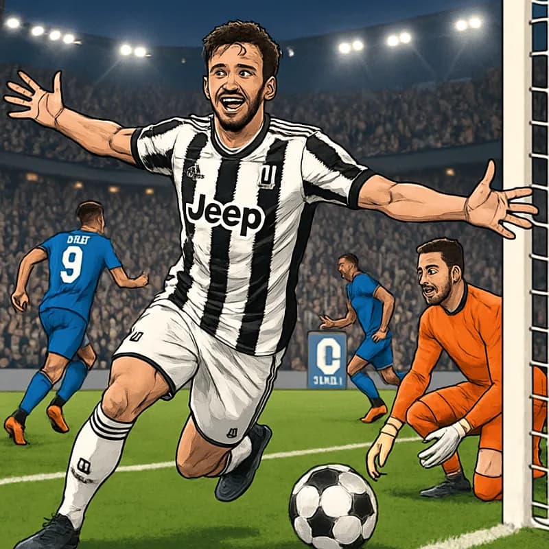 A bustling Juventus stadium filled with fans in black and white jerseys, celebrating a goal. The pitch is vibrant green, with a close-up of a soccer ball near the goalpost, capturing the excitement of