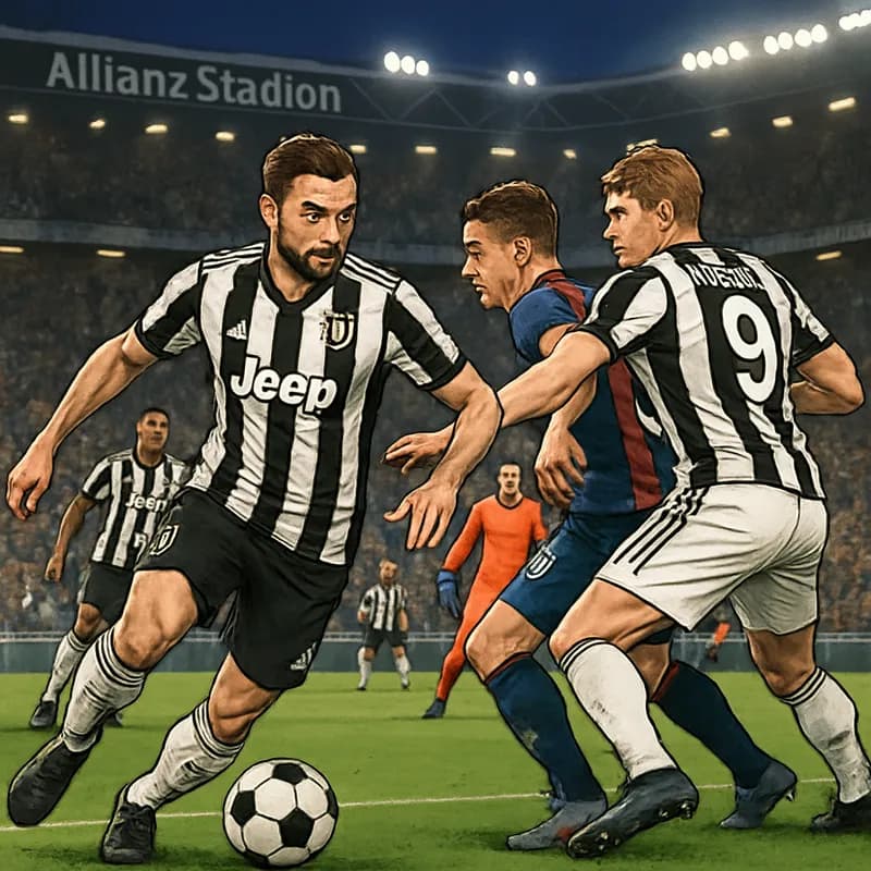 A vibrant scene at the Allianz Stadium with Juventus players in their black and white striped kits, showcasing a tense moment during a match. The crowd is roaring, and the atmosphere is electric as th