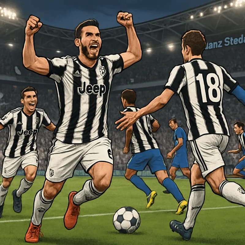 A vibrant scene at Allianz Stadium, with Juventus players in their iconic black and white striped kits celebrating a goal. The atmosphere is electric, with fans waving flags and a packed crowd cheerin