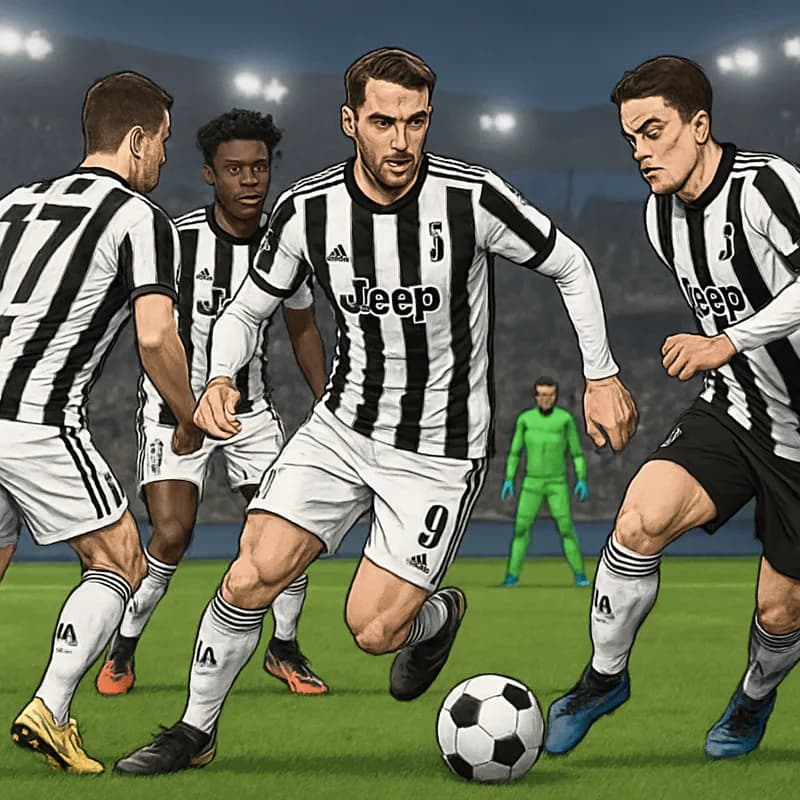A tense moment during a Juventus training session, featuring players in their black and white striped kits. The atmosphere is focused, with coaches observing intently as players engage in drills on a 