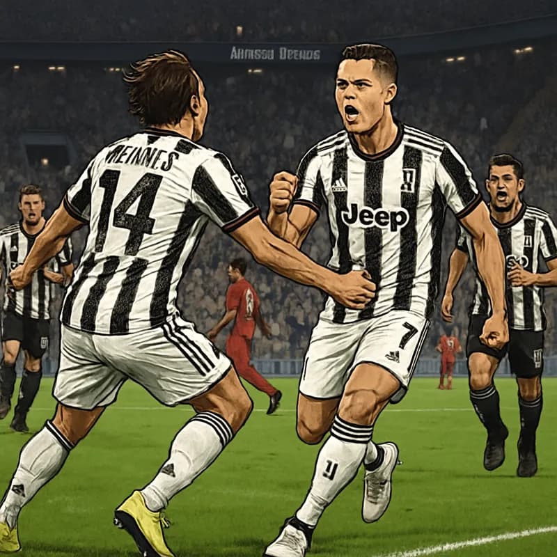 A vibrant scene at the Allianz Stadium during a Juventus match, featuring players in black and white striped jerseys celebrating a goal. The crowd is electric, with banners waving and a green pitch in