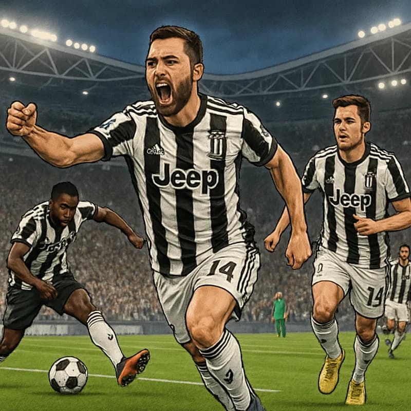 Juventus players in their black and white striped jerseys celebrate a goal at the Allianz Stadium, with a vibrant crowd in the background, green pitch, and a round soccer ball in play.