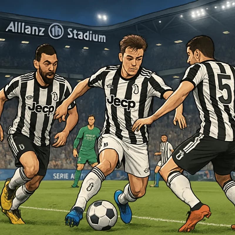 A vibrant scene at the Allianz Stadium during a Serie A match, showcasing Juventus players in their black and white striped kits, with fans cheering in the stands, and a green pitch under stadium ligh