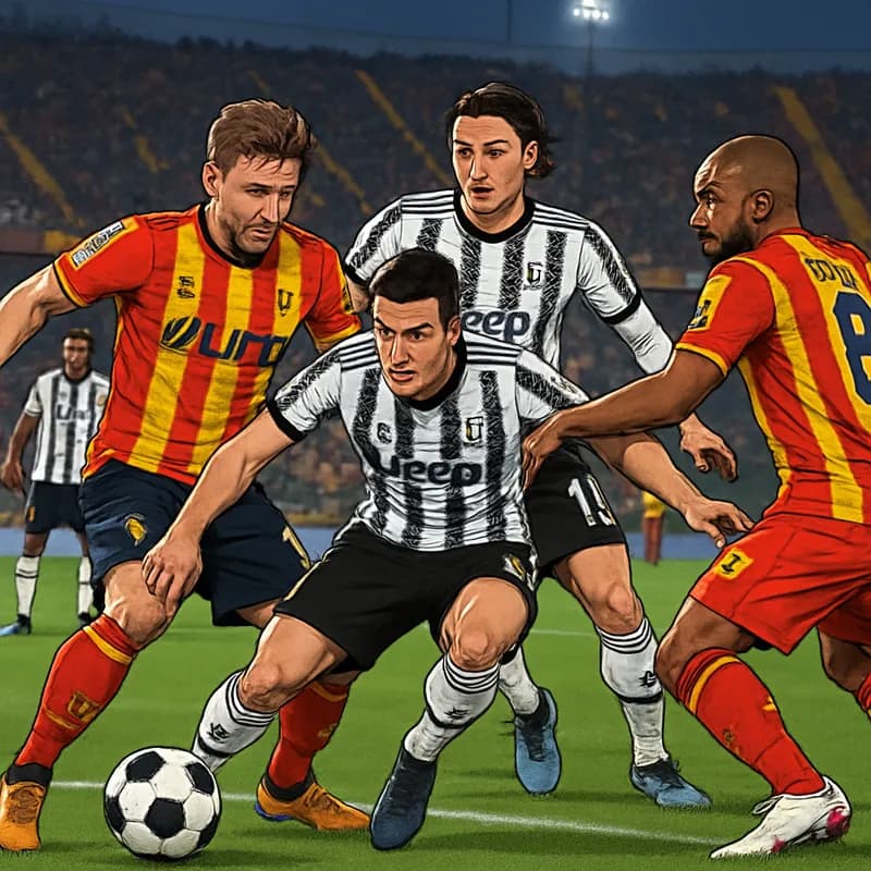 A tense moment during the match at Stadio Via del Mare, with Juventus players in their black and white jerseys pressing forward against Lecce. The stadium is filled with passionate fans, creating a vi