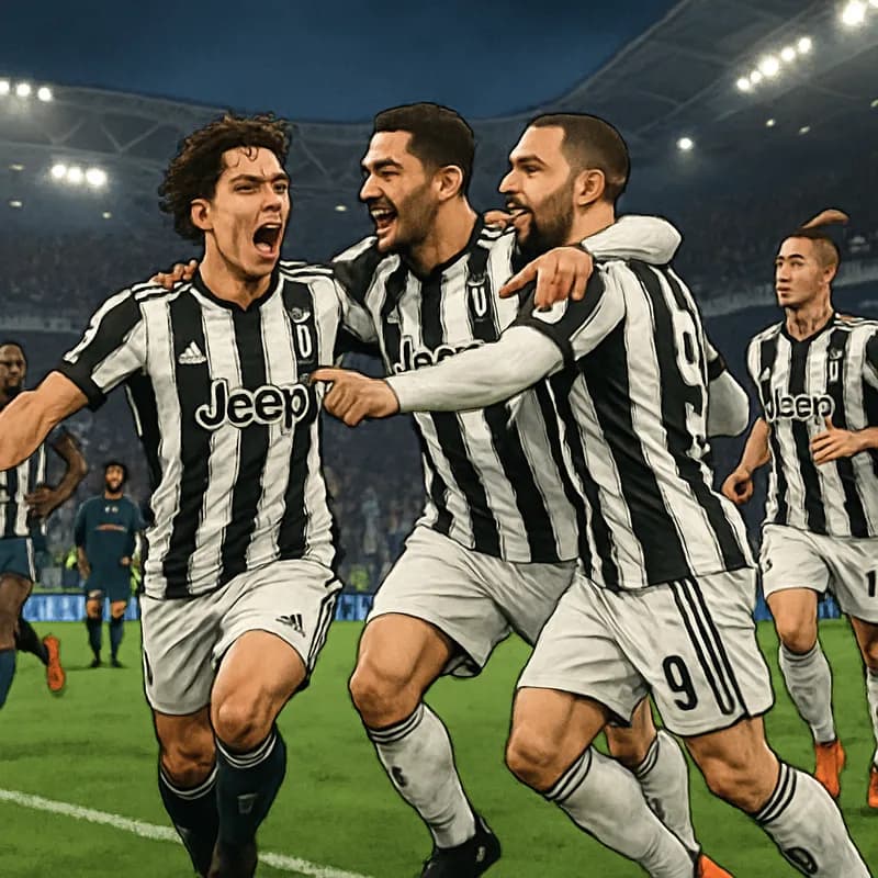 A bustling stadium scene during a Serie A match, with Juventus players in their black and white striped jerseys celebrating a goal. The atmosphere is electric, with fans waving flags and banners in th