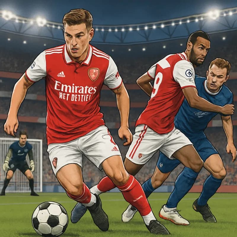 A vibrant scene at the Emirates Stadium featuring Arsenal's red and white kit. Fans cheer as players warm up on the green pitch, showcasing a soccer ball and goals in the background.