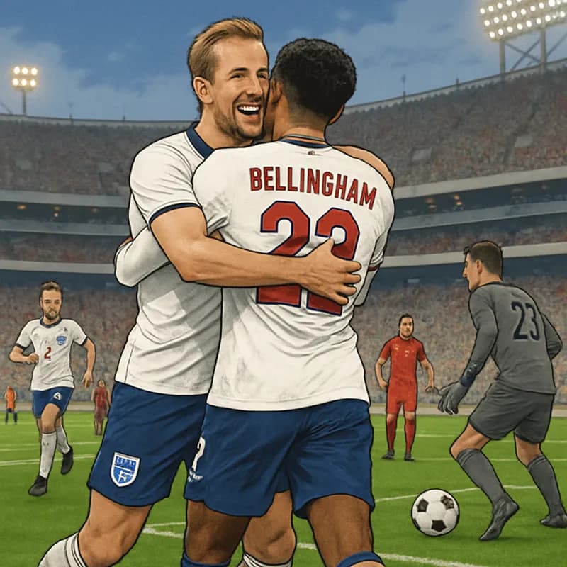 A vibrant scene at the Azteca Stadium, filled with cheering England fans in white and red jerseys, celebrating as Harry Kane and Jude Bellingham embrace after a goal. The green pitch is alive with ene