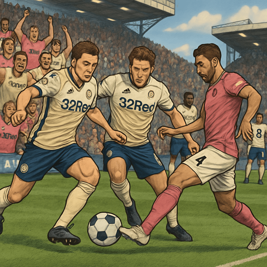 A vibrant scene featuring football fans wearing retro Kappa jerseys in cream and pink, cheering in the stands of a lively stadium. The atmosphere is electric, with a green pitch and a clear blue sky, 