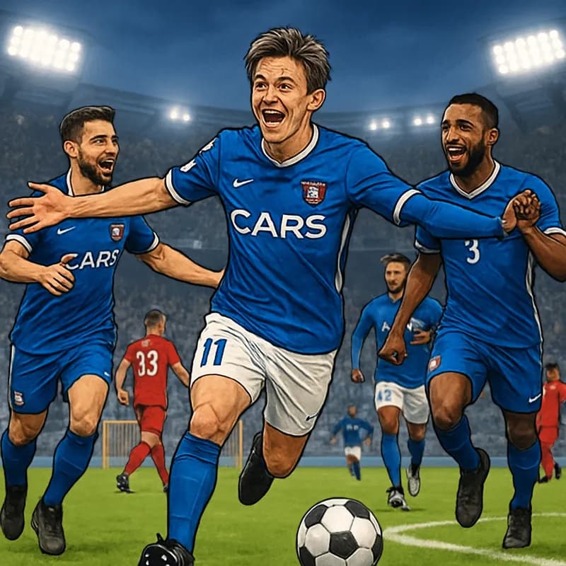 A jubilant scene from the Emperor's Cup match, featuring Fukushima United players in their blue and white kits, celebrating Kazuyoshi Miura's goal. The stadium is electric with fans cheering, green pi