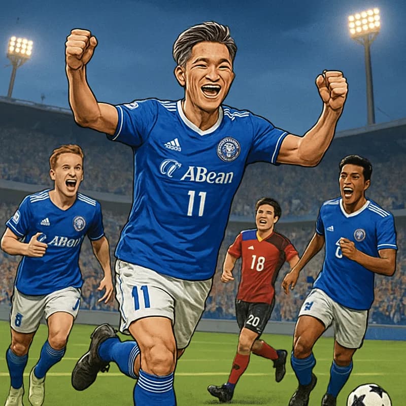 A jubilant scene at a football stadium where Kazuyoshi Miura, wearing a blue and white jersey of Fukushima United, celebrates scoring a goal. The green pitch is vibrant, and teammates surround him wit