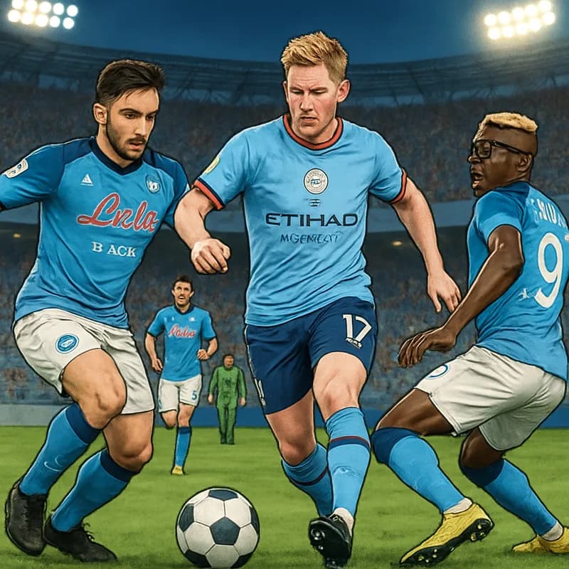 A vibrant scene at the Stadio Maradona with Napoli's blue and white kits on display. Fans are cheering in the stands, while Kevin De Bruyne is seen training hard on the pitch, surrounded by teammates,