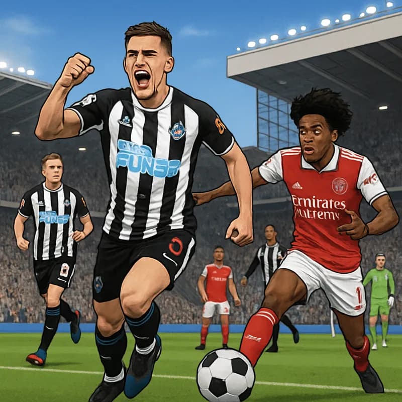 A vibrant scene at St James' Park, filled with passionate Newcastle fans in black and white jerseys, celebrating a goal. The atmosphere is electric, with a green pitch and a clear blue sky.