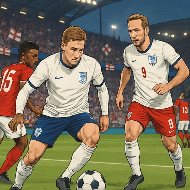 A tense scene in a packed stadium as England's players in their iconic white and red kits warm up before a match, with fans waving flags and banners, creating an electric atmosphere.